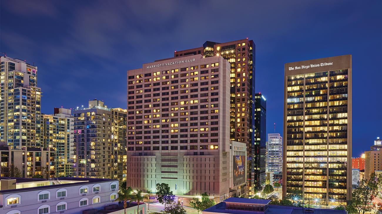 Exterior of Marriott Vacation Club resort timeshare in downtown San Diego at dusk